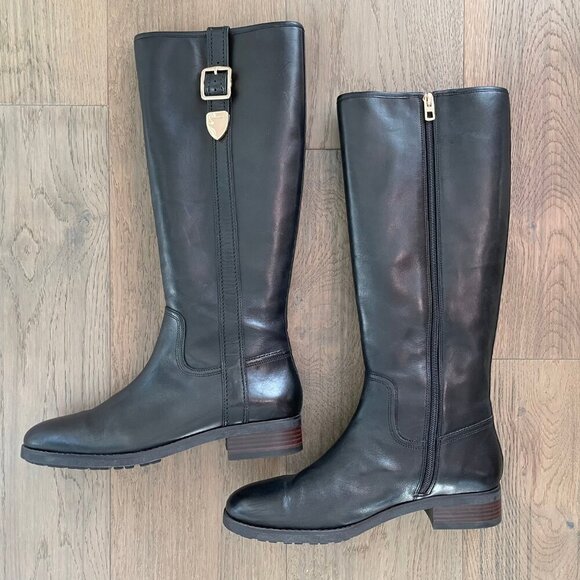 Coach Easton Sleek Knee High Leather Boots w Gold Buckle Hardware Black Sz 9.5 - Picture 8 of 13